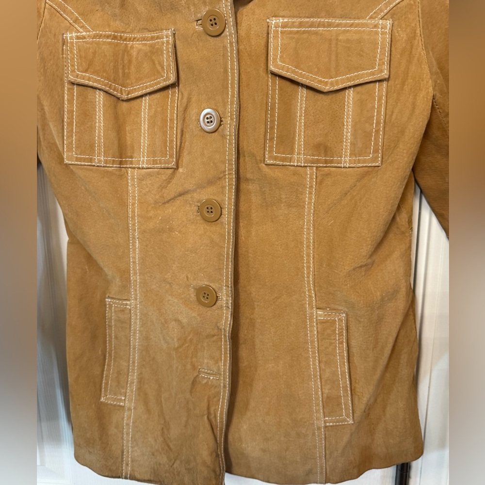 Y2K Retro Jennyfer J Tan Brown Button Up Women's M Leather Utility Jacket - Picture 4 of 6